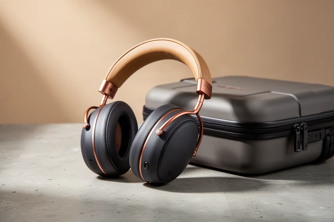 Premium closed-back over-ear headphones beside a hard travel case on a concrete surface