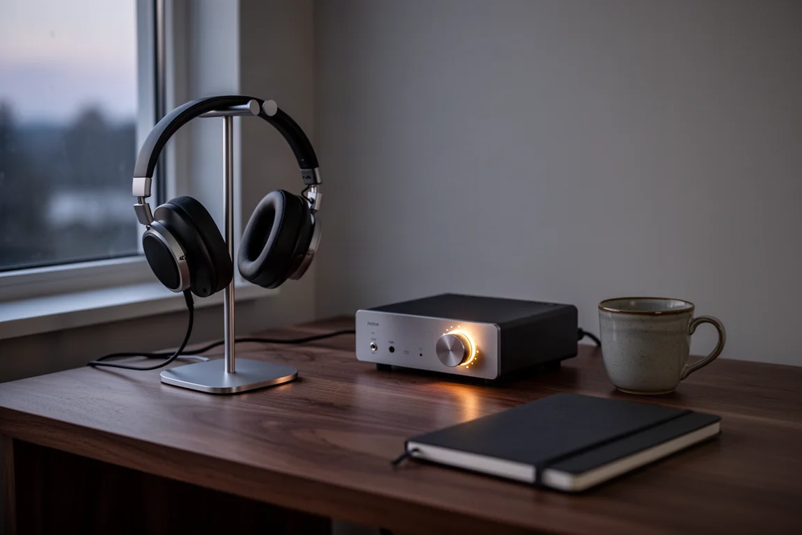 Bureau d'écoute pour une soirée calme avec un support à casque, un petit amplificateur et une tasse