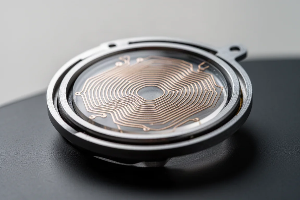 Vue macro d'un diaphragme de transducteur planar magnétique avec des pistes métalliques en spirale