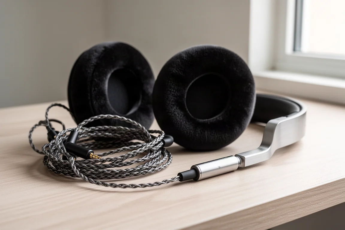 Câble de casque tressé enroulé et coussinet moelleux sur un bureau en chêne clair