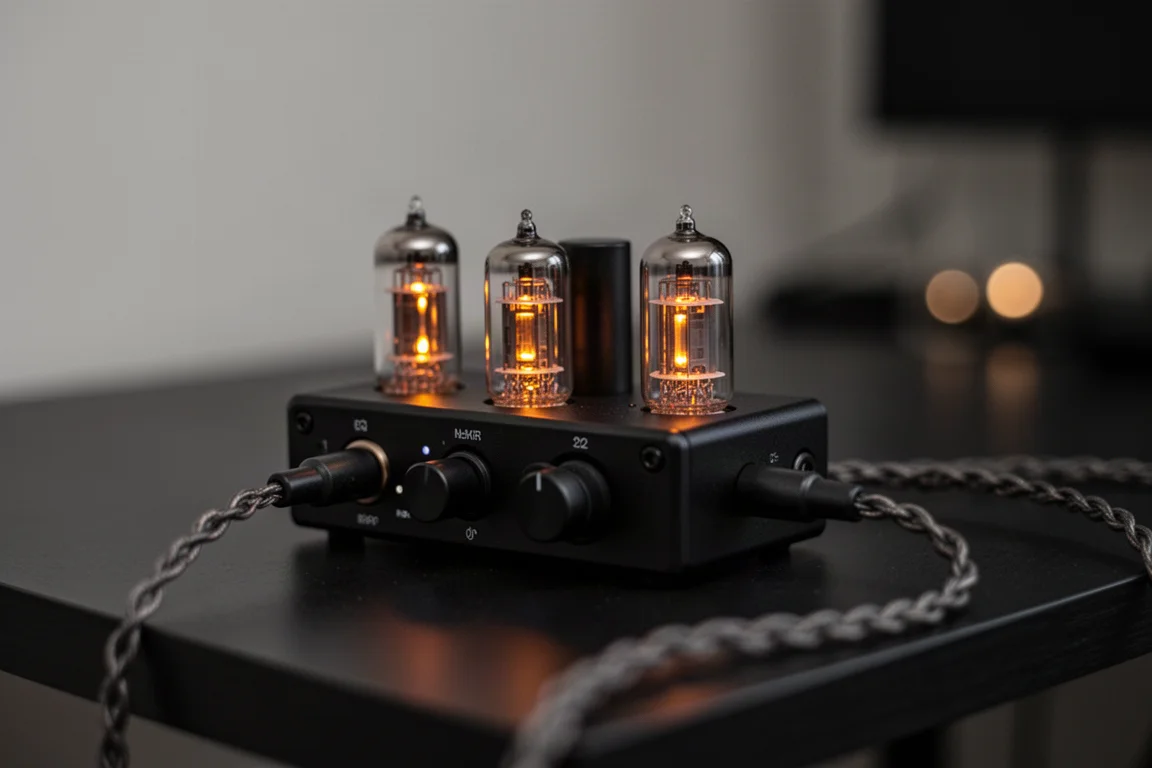 Amplificateur de casque à tubes compact luisant sur un bureau sombre avec un câble tressé