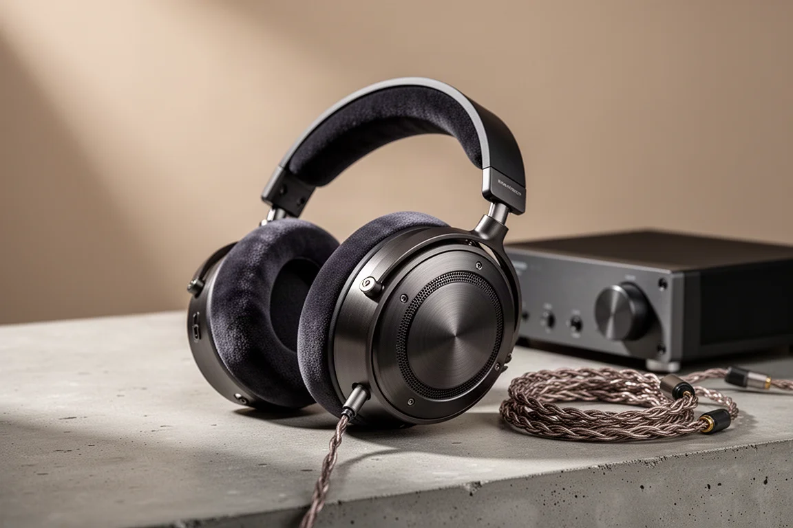 Open-back planar magnetic headphones beside a desktop amplifier on concrete