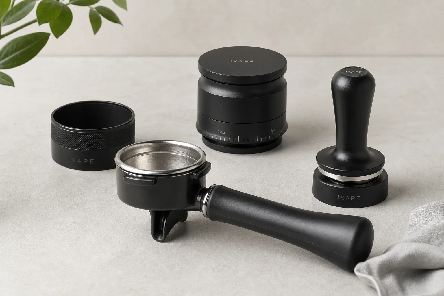 Collezione di 14 moderni accessori per il caffè disposti su uno sfondo neutro