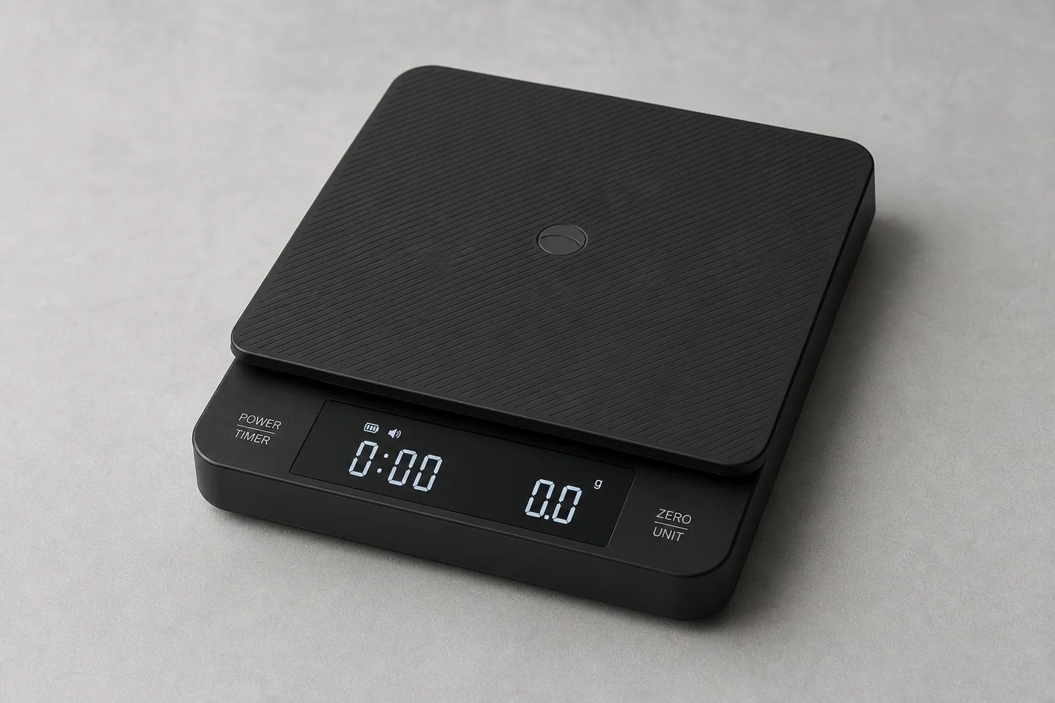 Three compact coffee scales arranged on concrete: MHW-3Bomber Micro, Cube Pro Max, and Timemore Black Mirror Nano