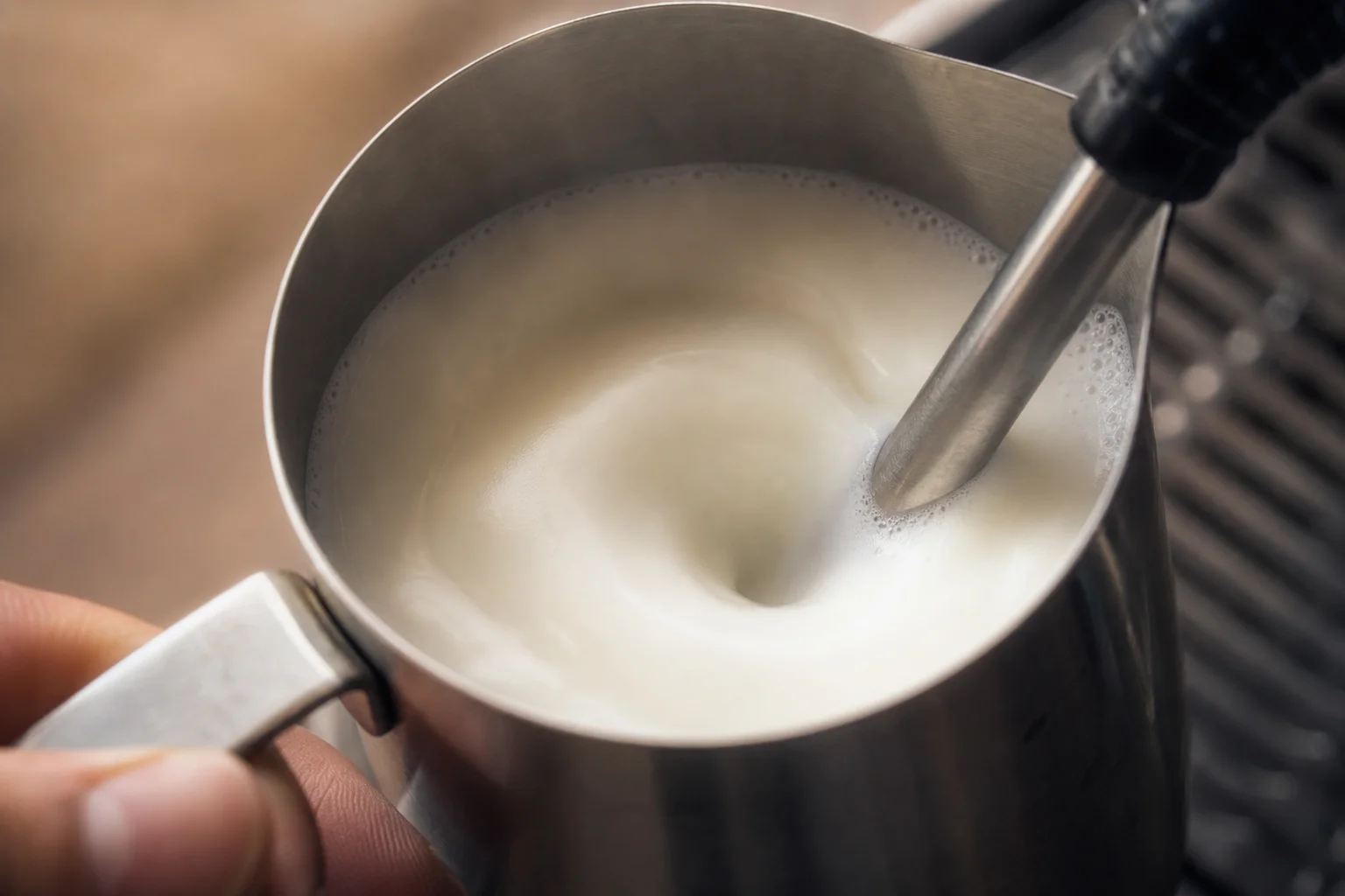 Close-up of milk steaming with microfoam texture in a metal pitcher