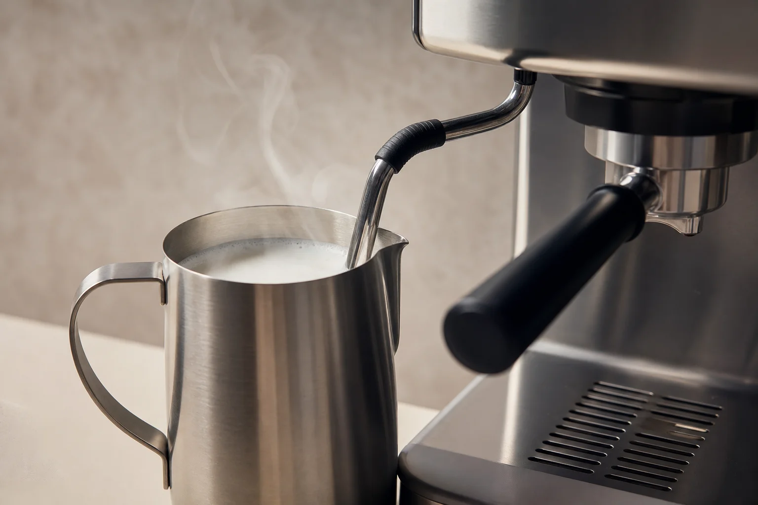 Espresso machine with steam wand and milk pitcher during steaming process