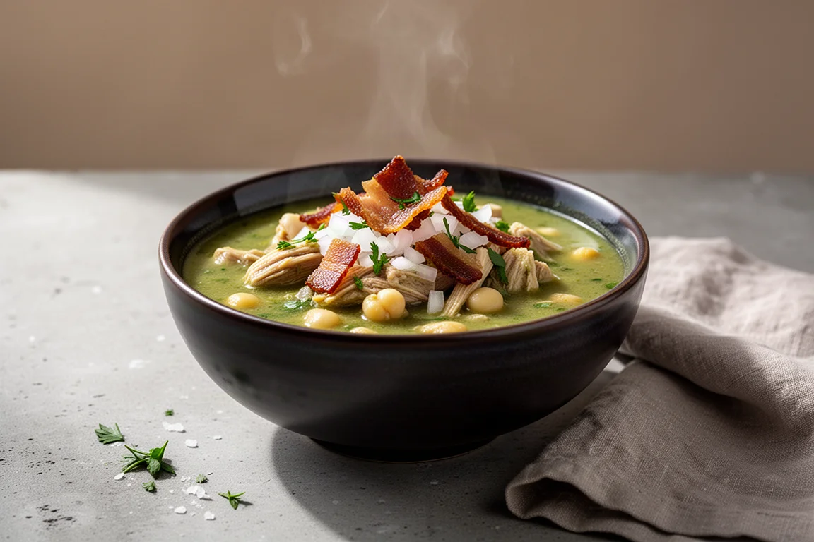 Ciotola fumante di stufato di pollo con hominy verde con guarnizioni