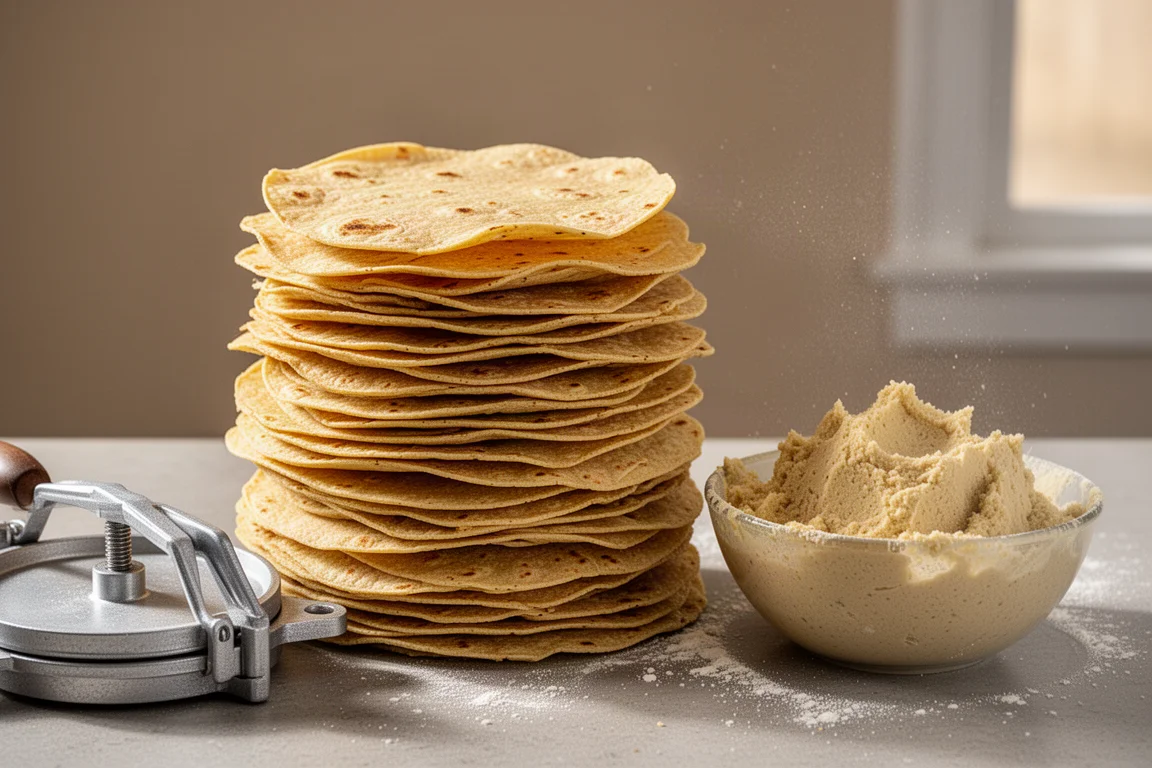 Pila di tortillas di mais appena pressate su un piano da cucina