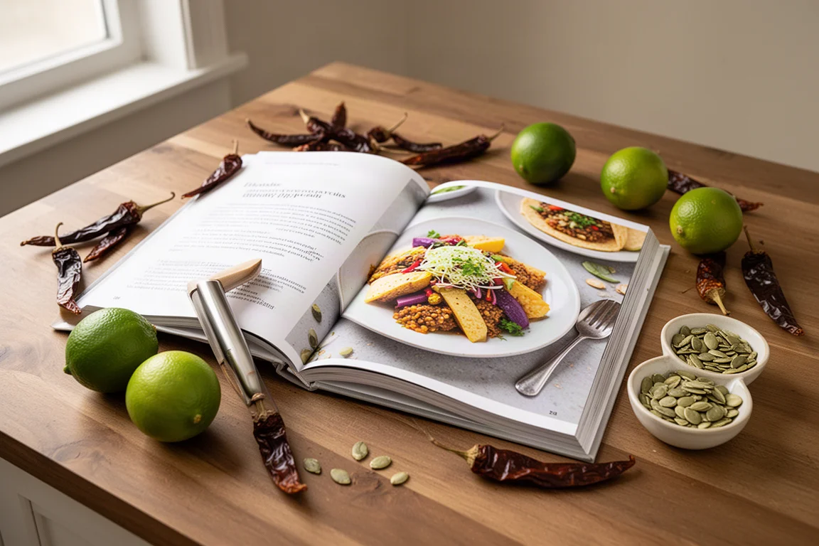 Aufgeschlagenes mexikanisches Kochbuch auf einem Holztisch, umgeben von Limetten und getrockneten Chilis
