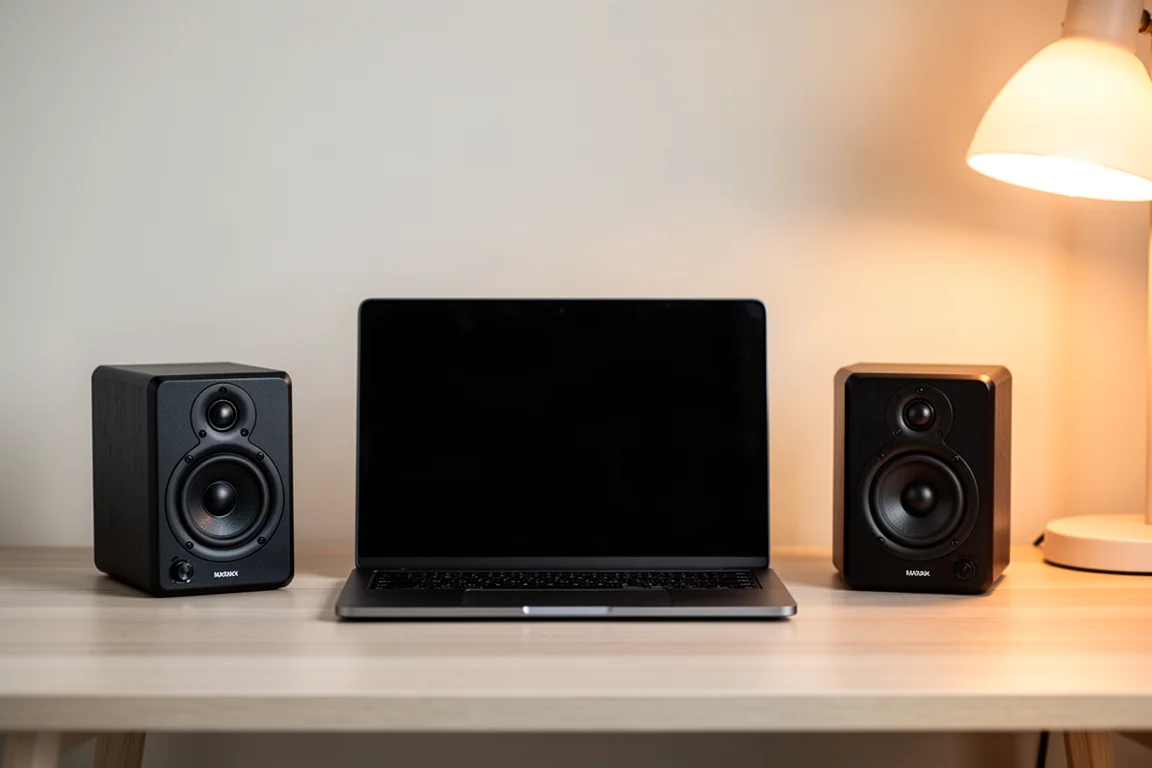 Deux petites enceintes noires pour bibliothèque posées sur un bureau bien rangé à côté d'un ordinateur portable et d'une lampe chaude