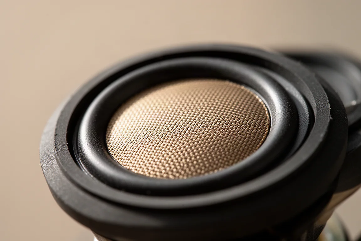 Gros plan sur le woofer d'une petite enceinte, la lumière accrochant la surface du haut-parleur