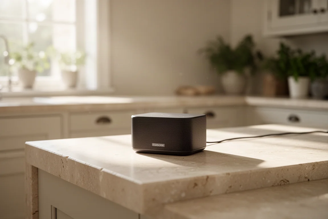 Enceinte compacte posée sur un plan de travail de cuisine près d'une fenêtre lumineuse au petit matin