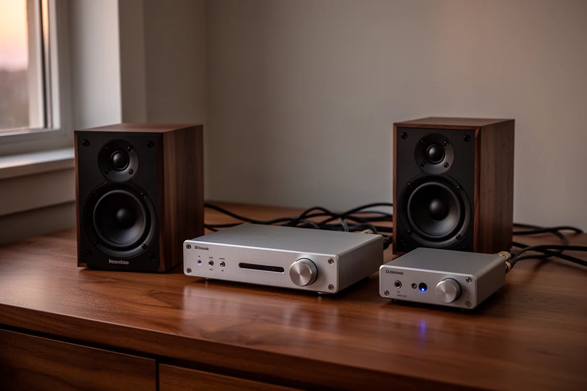 Petite installation audio de bureau avec enceintes, amplificateur compact et DAC sur un bureau en bois