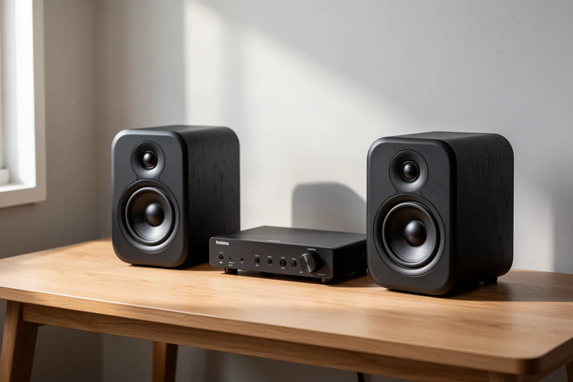 Pair of small black bookshelf speakers on a light wood desk beside a compact amplifier