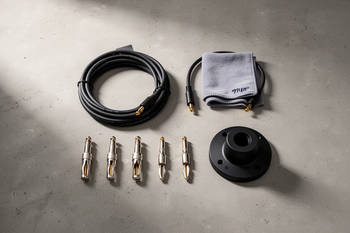 Vista dall'alto di cavo per diffusori, banana plug e un panno antipolvere su cemento