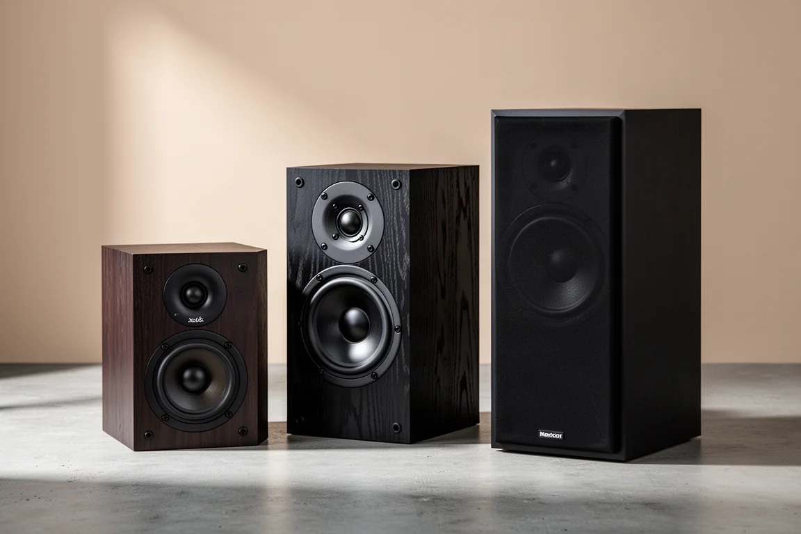 Three compact bookshelf speakers arranged on a matte concrete surface in soft studio light