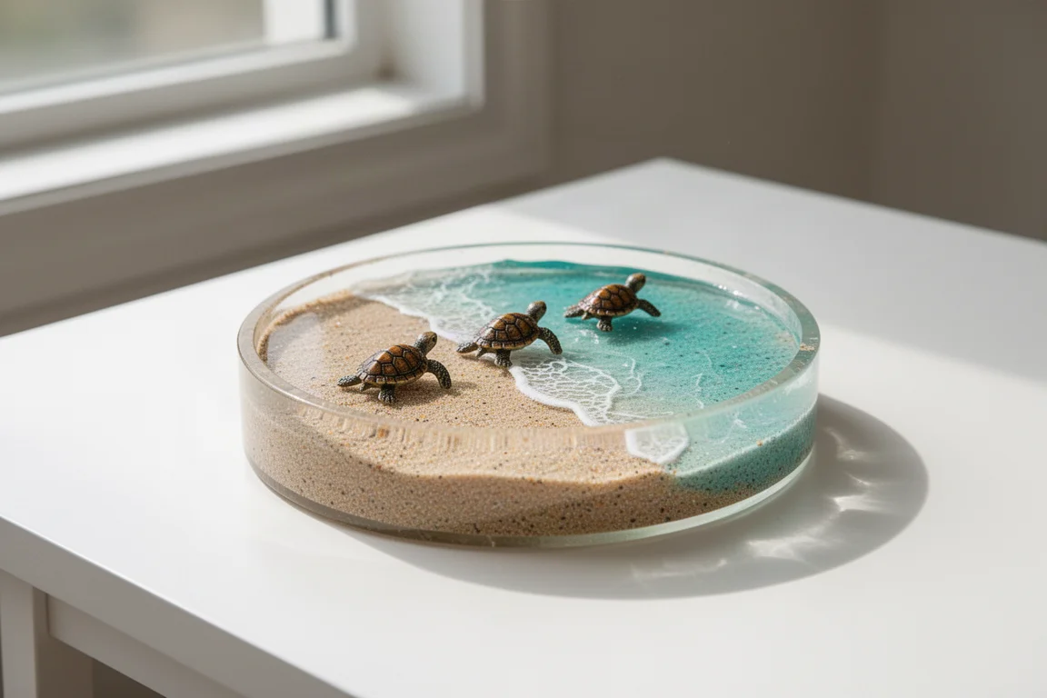 Pequeño plato de resina hecho a mano con arena real y diminutas figuras de tortugas sobre una mesa luminosa