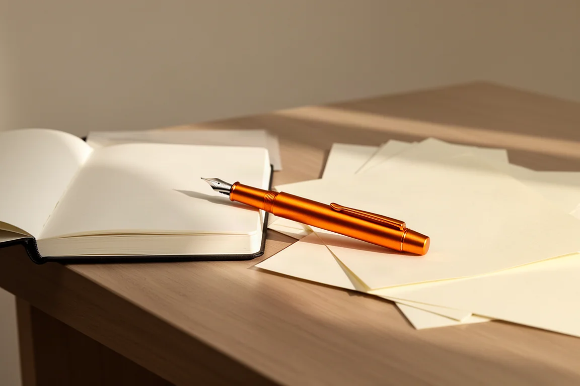 Penna stilografica tozza arancio-rame appoggiata su una scrivania minimale in legno con carta e taccuino