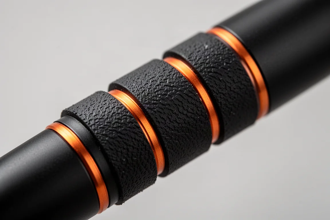 Dettaglio ravvicinato di una sezione grip gommata con tre fasce separate e texture