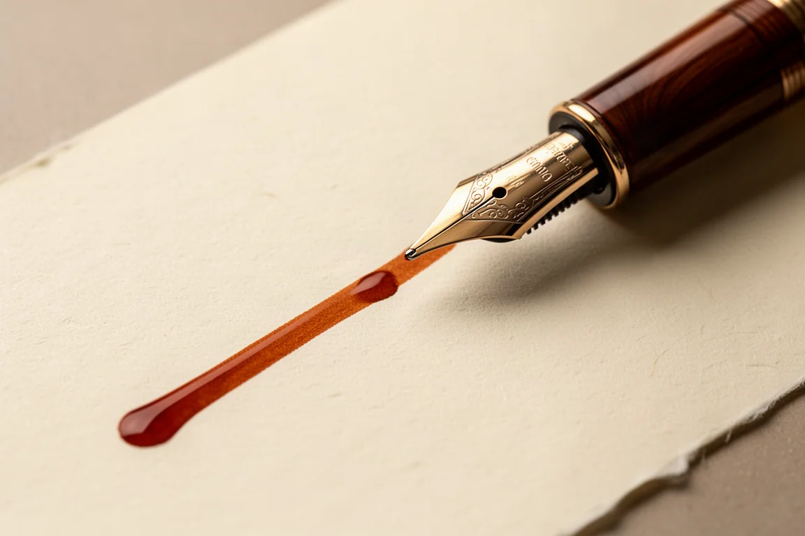 Penna stilografica che traccia una linea fluida di inchiostro arancione su carta color crema