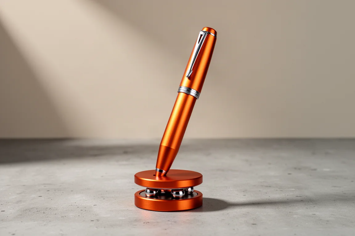 Krępy pomarańczowo-miedziany fountain pen stojący w pasującym aluminiowym stojaku biurkowym