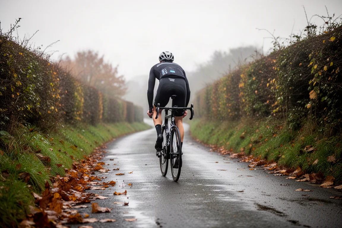 Wielrenner klimt een steil stuk op een racefiets met carbonwielen in herfstlicht