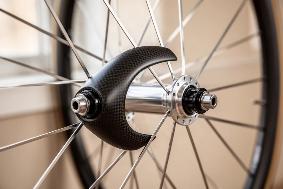 Close-up van een voorwielnaaf van een racefiets met een gladde fairing over de flens aan de niet-aandrijfzijde