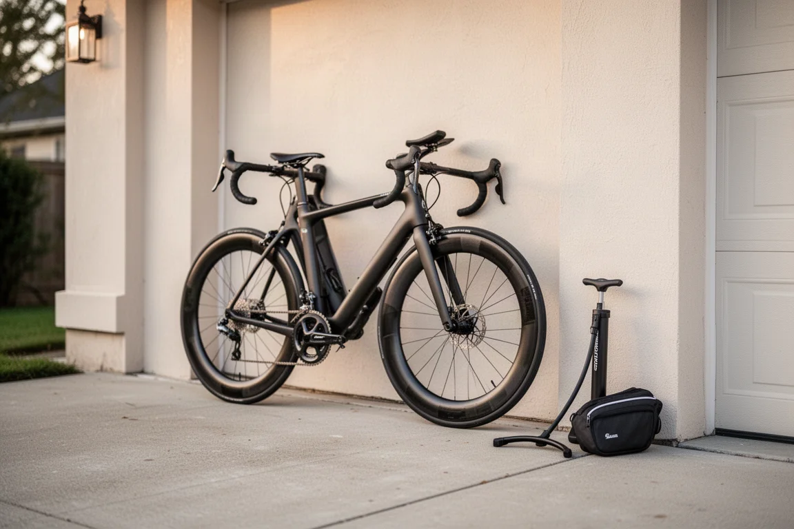 Racefiets tegen een garagemuur met diepe carbonwielen gemonteerd