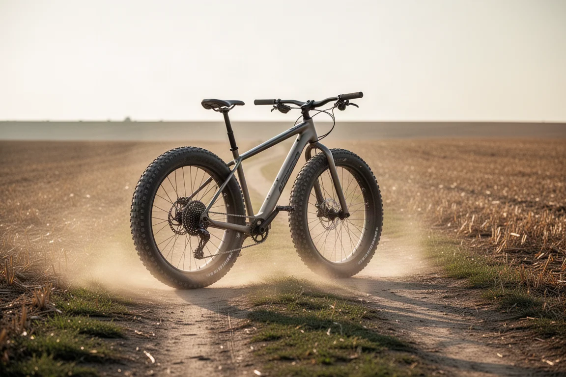 Bici gravel con copertoni tassellati su una pista sterrata asciutta e polverosa in luce dorata bassa