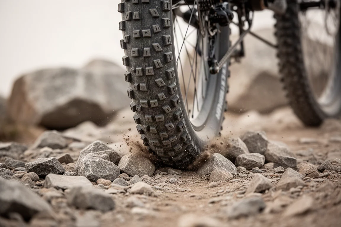 Primo piano di un copertone da mountain bike tassellato che morde roccia smossa e ghiaia su un sentiero accidentato
