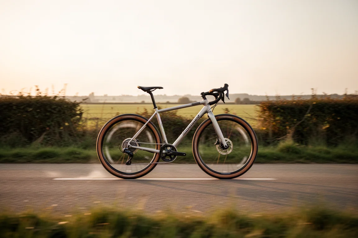 Bici gravel che scorre veloce lungo una strada asfaltata deserta nell'ora dorata