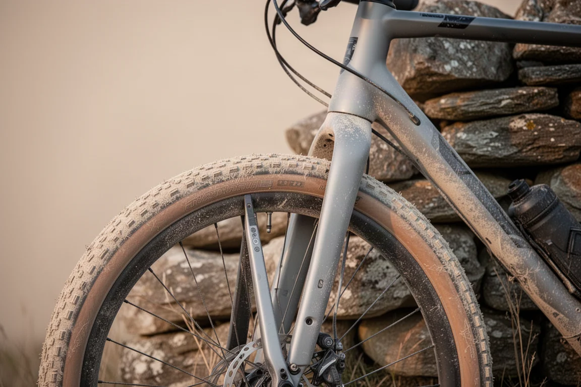 Bici gravel appoggiata a un muro a secco con copertoni impolverati