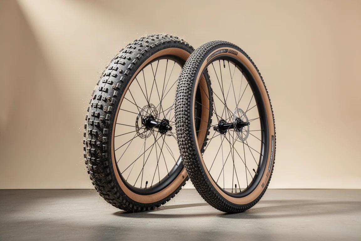 Een noppenband voor de mountainbike en een slankere gravelband naast elkaar tegen een neutrale studiowand
