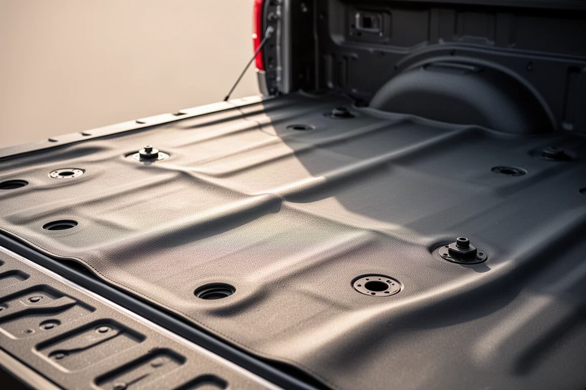 Primer plano de un camastro de camioneta que muestra pliegues de plegado y orificios precortados
