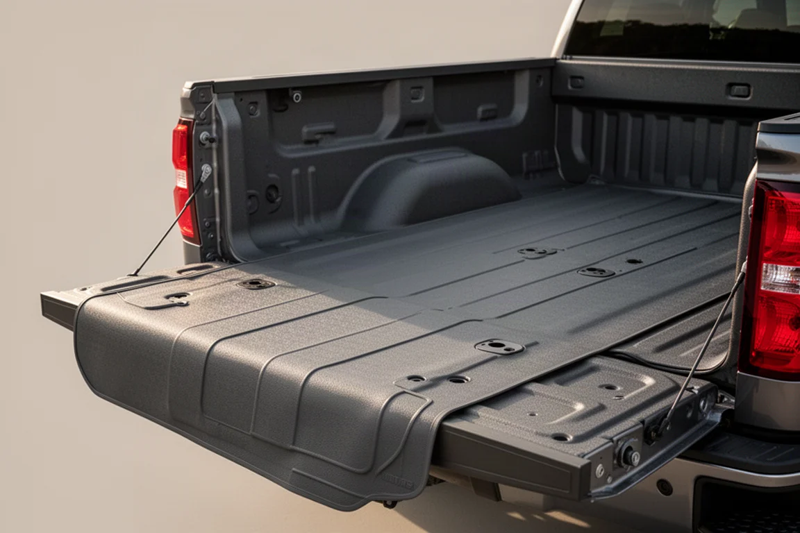 Thin dark truck bed mat partially unrolled across a pickup tailgate