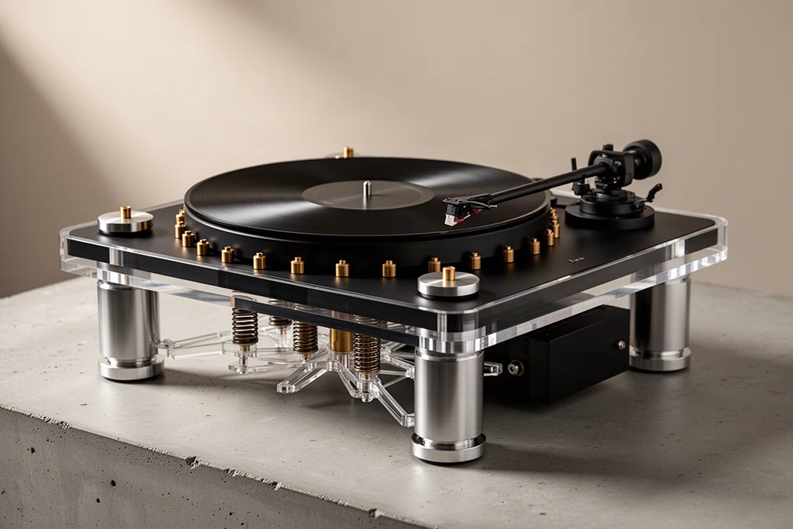 High-end belt-drive turntable with brass-weighted platter and acrylic chassis support