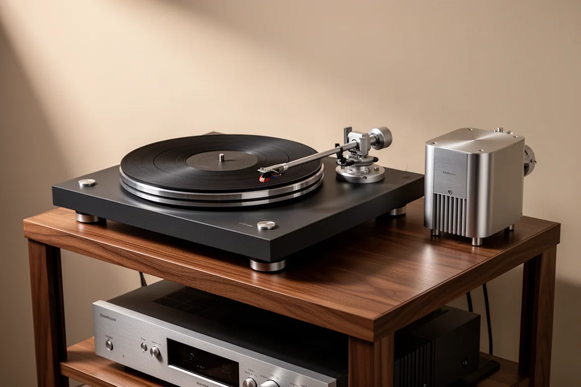 Belt-drive turntable with dark plinth and separate aluminium motor unit on a walnut rack