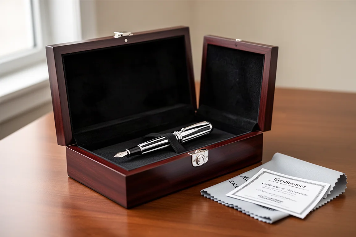 Luxury fountain pen resting inside an open wooden presentation box with felt lining