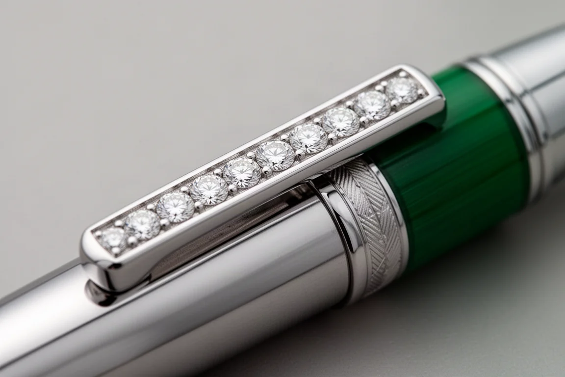 Close-up of diamond-set clip and green enamel guilloche cap band on a fountain pen