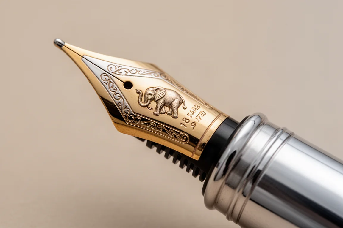 Two-tone gold fountain pen nib with detailed stamping on a silver section