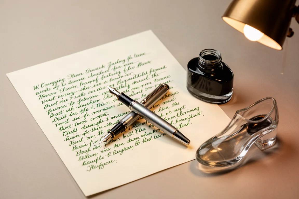 Handwritten page with a green fountain pen ink sample beside an open ink bottle