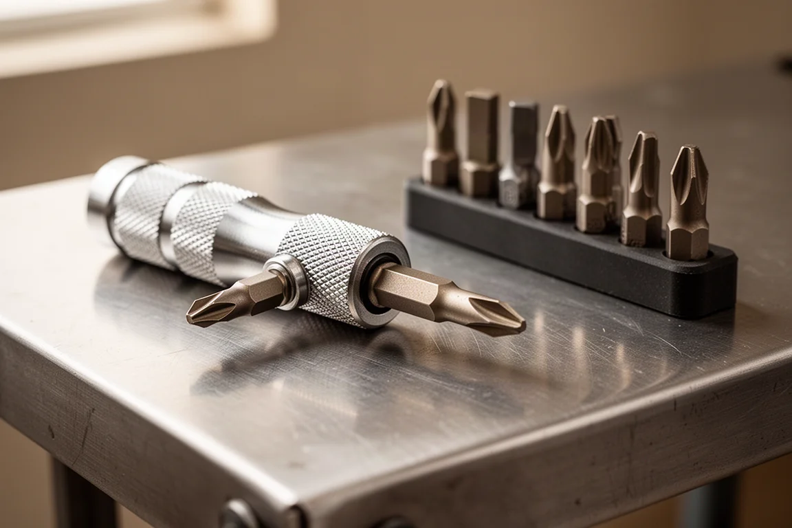 A knurled steel bit driver holding a Phillips bit on a wooden workbench