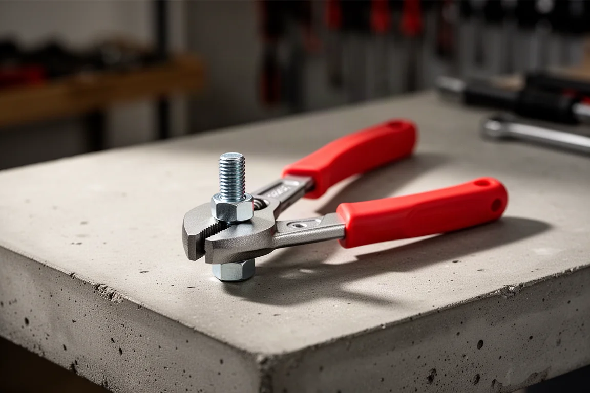 Compact water pump pliers gripping a bolt on a workbench