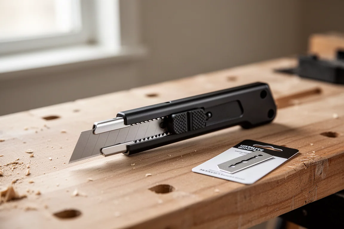 Automatic utility knife extended with a fresh blade on a workbench