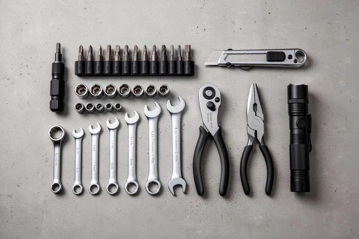 Overhead flat-lay of a complete compact tool kit laid out on concrete