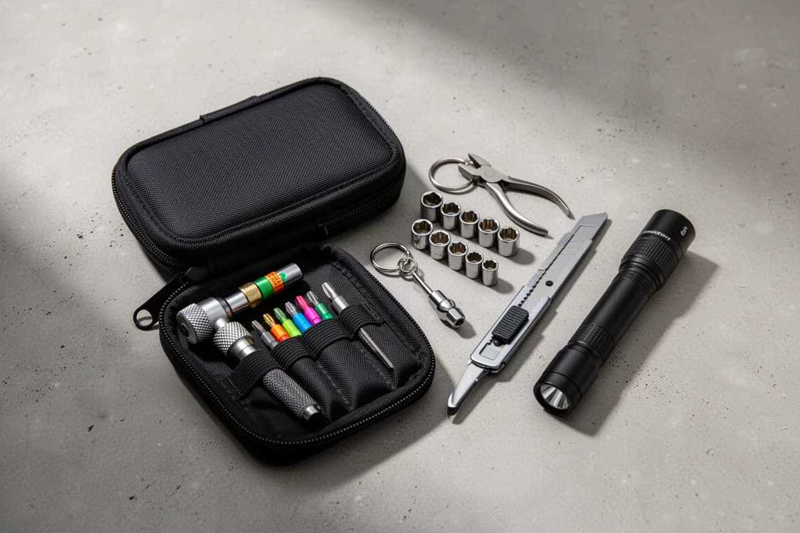 Compact tool pouch open with its contents laid out on a concrete surface