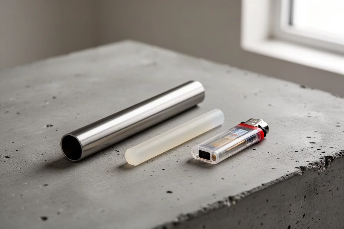 Small titanium medicine tube and a stick of hot glue beside a lighter on a neutral surface