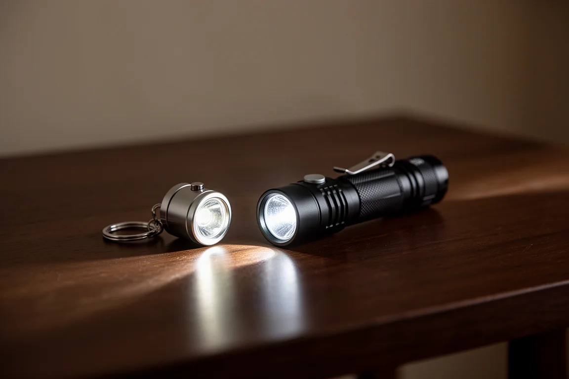 Two small LED flashlights side by side on a desk casting beams in dim light