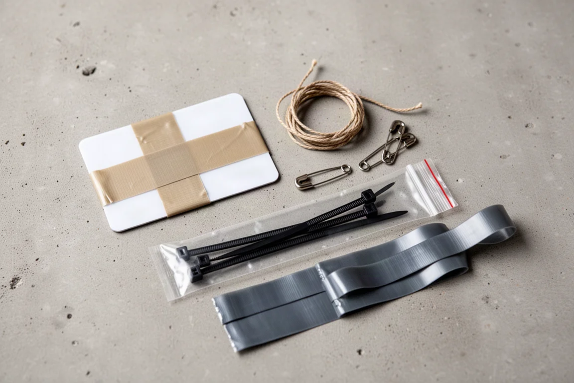 Flat lay of small emergency repair supplies including tape on a plastic card, cord and safety pins