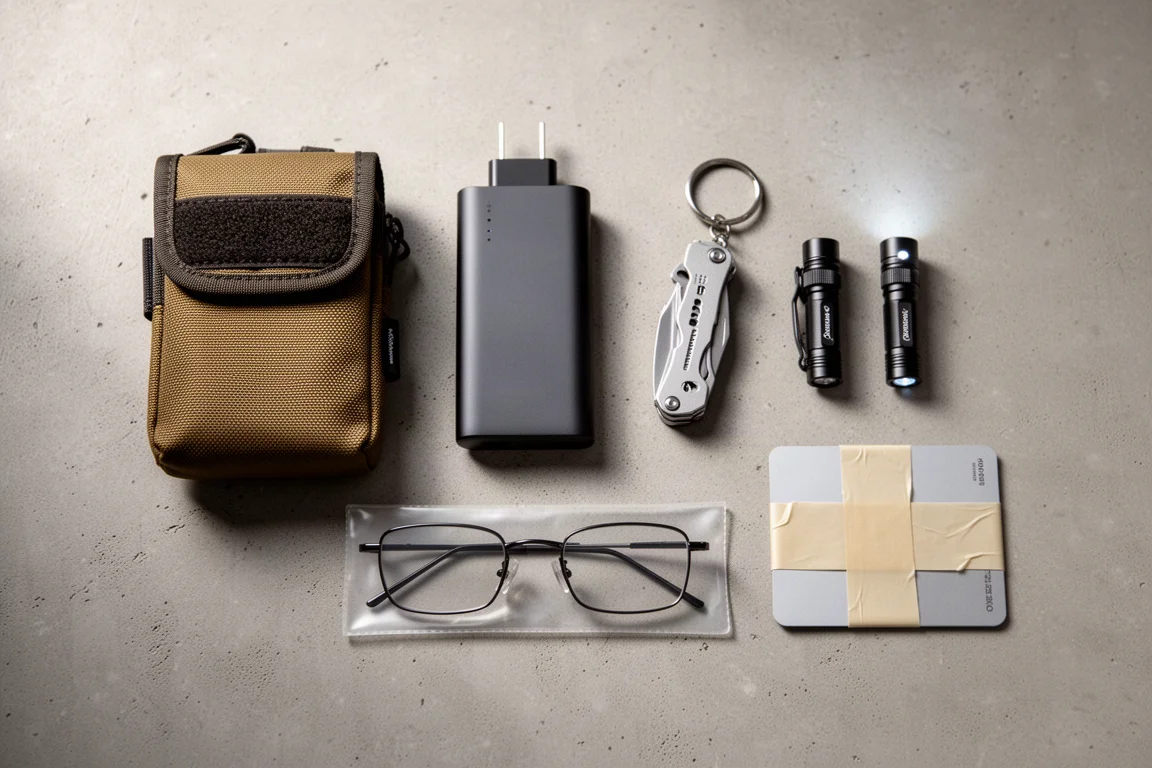 Ułożenie płaskie kompaktowych przedmiotów EDC: saszetka, power bank, multitool, latarki i składane okulary